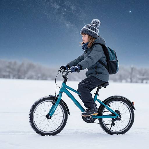 Photograph of a young child in winter gear riding a teal mountain bike on a snowy field under a starry night sky.