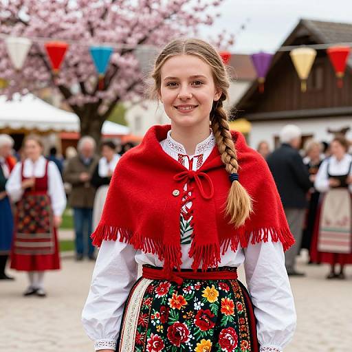 Photograph of a smiling young woman with braided hair, wearing a red shawl, white blouse, and floral-patterned skirt, standing in front