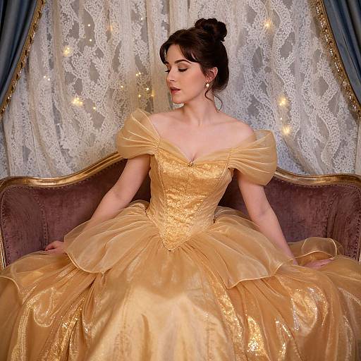 Photograph of a brunette woman with fair skin, wearing an off-shoulder, golden satin ballgown, seated on a velvet sofa, with