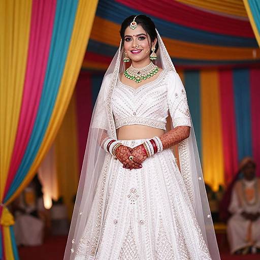 Photograph of a South Asian bride in a white embroidered lehenga and veil, adorned with green jewelry, standing in a colorful draped backdrop, smiling confidently