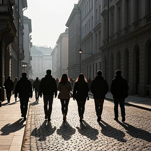 Silhouetted pedestrians walk down a sunlit, cobblestone street in an urban setting, casting long shadows against historic, shadowed buildings.