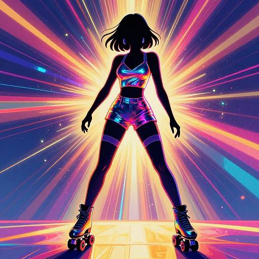 Silhouetted woman in neon sports bra and shorts, roller skates, standing with arms relaxed against vibrant, radiant, multicolored light background