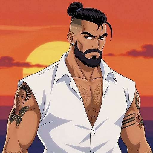 Digital anime-style drawing of a muscular, bearded man with black hair in a bun, white sleeveless shirt, sunset background, and tribal tattoos on