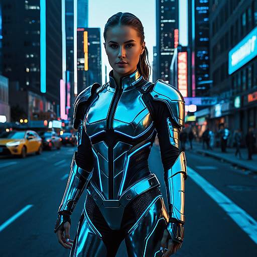 Woman in Metallic Armor with Neon Blue Highlights in Cityscape