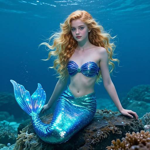 Photorealistic digital artwork of a beautiful, pale-skinned redheaded mermaid with blue sequined tail and top, sitting on underwater coral.