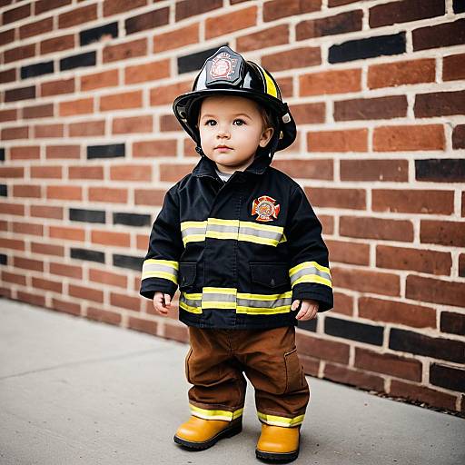 Toddler in Firefighter Costume Standing by Brick Wall