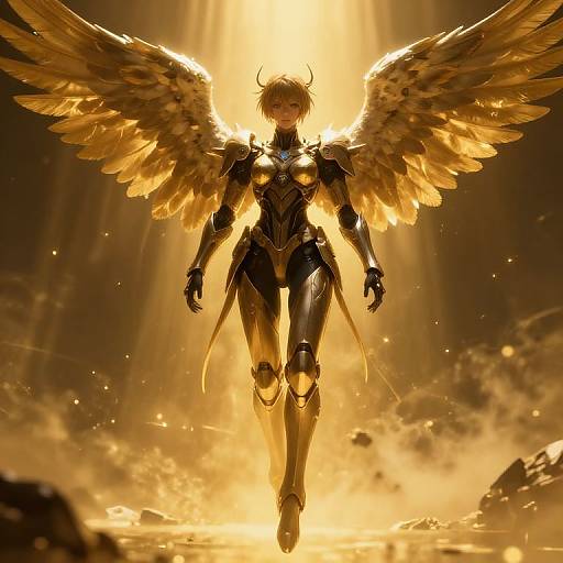 Digital artwork of a golden-winged, armored angelic figure with glowing eyes, standing in a radiant, golden light, surrounded by mist and debris.