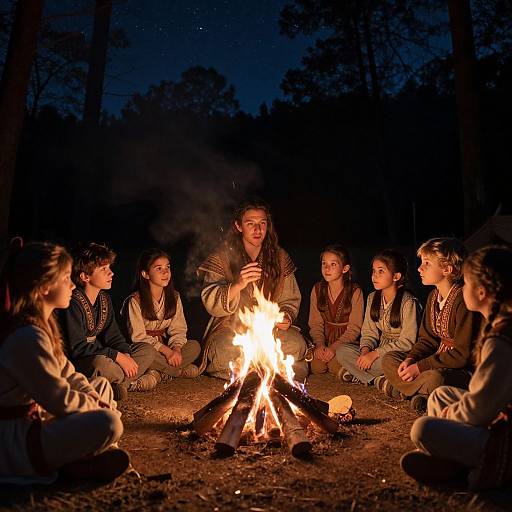 Photograph of seven young women sitting in a circle around a campfire at night, wearing cozy sweaters, in a dark forest.