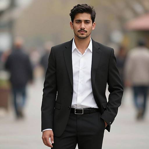 Photograph of a handsome, dark-haired man with trimmed beard, wearing a black suit, white shirt, standing confidently on a blurred city street.