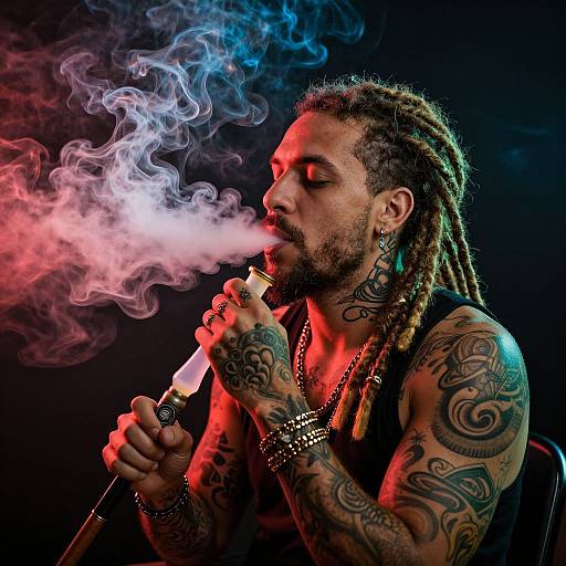Tattooed man with dreadlocks exhales colorful smoke from a bong, illuminated by red and blue lights, against a dark background. Phot