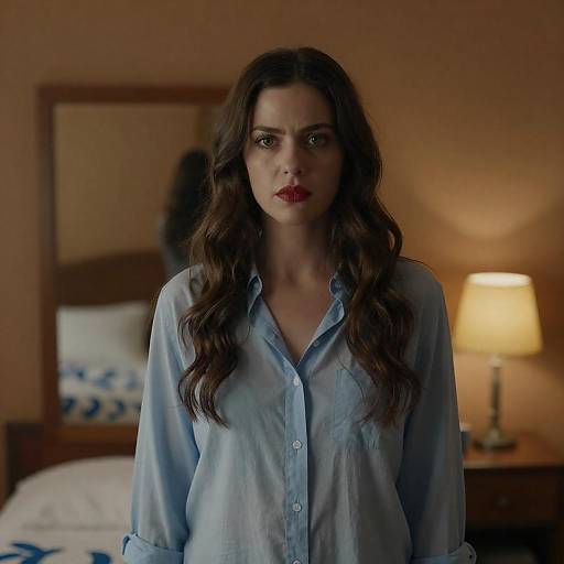 Serious Woman in Dimly Lit Bedroom