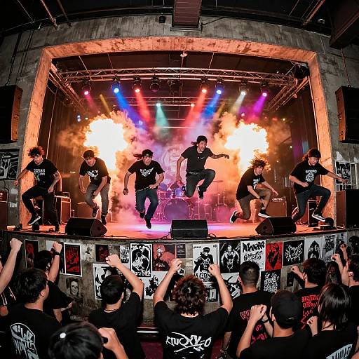 Photograph of six male performers in black shirts leaping on stage with colorful lights, surrounded by a crowd, framed by graffiti posters.