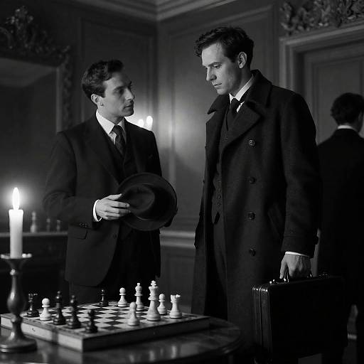 Two Men in Suit with Chessboard in Ornate Room