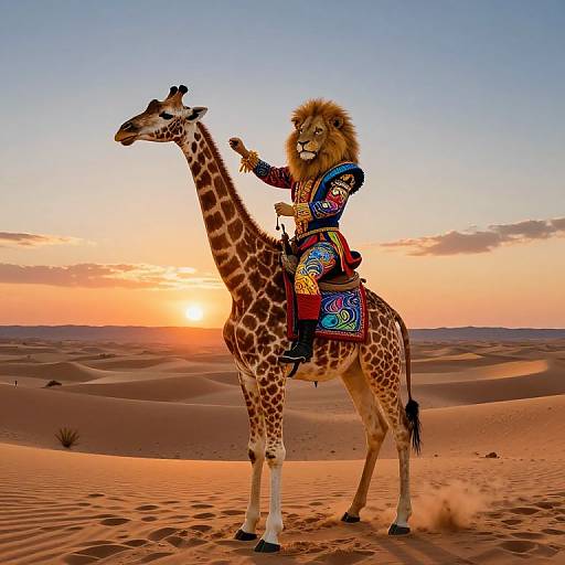 Photograph of a person in a colorful lion costume riding a giraffe in a sunlit desert at sunset, with orange and blue sky.