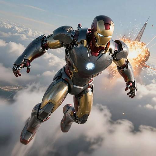 Photorealistic CGI of Iron Man in black and gold armor, flying above clouds, with a fiery repulsor blast on the right.