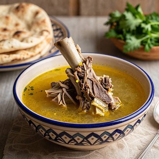Photograph of a bowl of golden-yellow soup topped with shredded meat and a stick, with a patterned blue rim, next to a blurred naan