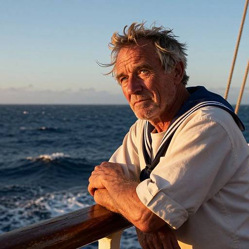Photograph of an older man with tousled gray hair, wearing a white sailor shirt, leaning on a ship's railing, gazing at the sun
