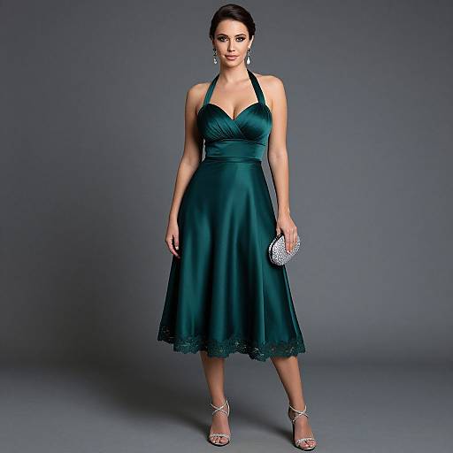 Photograph of a woman with dark hair in an emerald green halter-neck dress, holding a silver clutch, standing against a gray background.