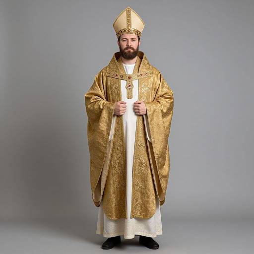 Photograph of a bearded man in ornate gold and white ecclesiastical robes and mitre, standing against a plain gray background.