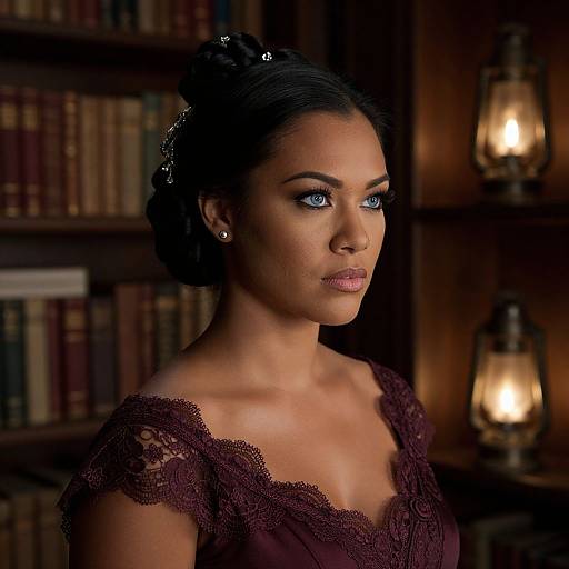 Photograph of a beautiful, dark-skinned woman with blue eyes, wearing a lace, deep purple dress, with an updo hairstyle, in a