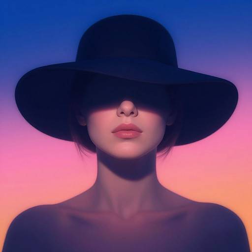 Photograph of a woman with fair skin, full lips, and dark hair, wearing a large black hat, against a gradient blue to pink background,