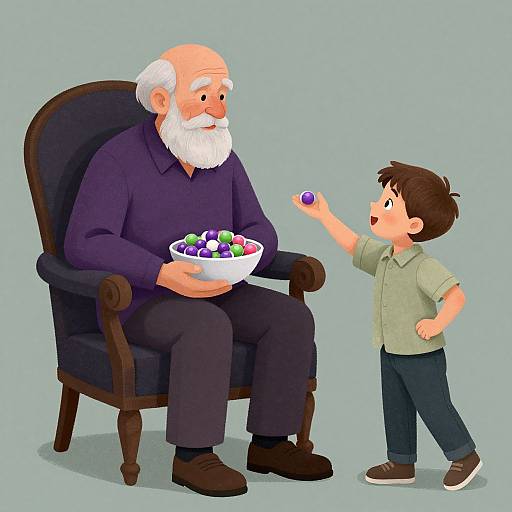 Digital illustration of a bald, white-bearded elderly man in a purple shirt and chair, holding a bowl of colorful balls, facing a brown-haired boy