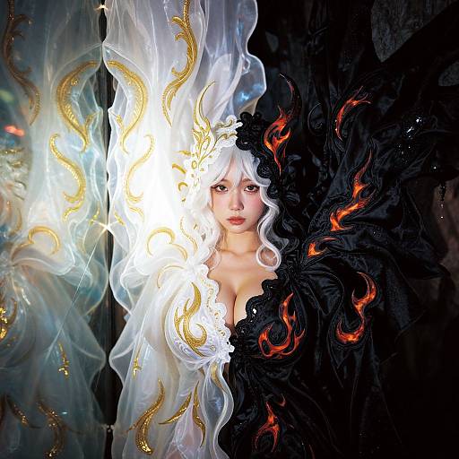 Digital art of a pale-skinned woman with white hair, glowing light and golden swirls on the left, surrounded by black fabric with red flames on