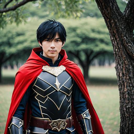 Male Cosplayer in Armor with Red Cape Outdoors