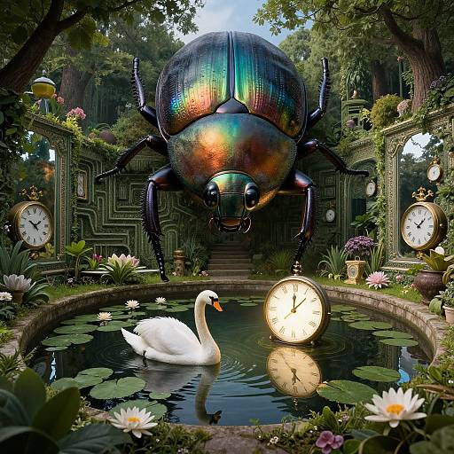 Photograph-like CGI: Giant iridescent beetle with rainbow sheen, looming over a serene pond with a white swan, lily pads,