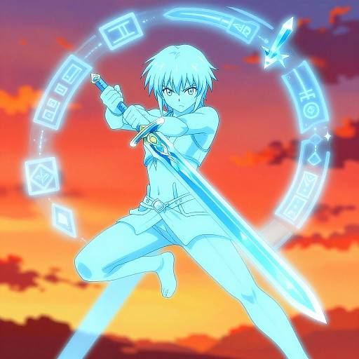 Anime-style digital drawing of a glowing blue-haired character wielding a radiant sword, surrounded by magical symbols, against a vibrant sunset sky.