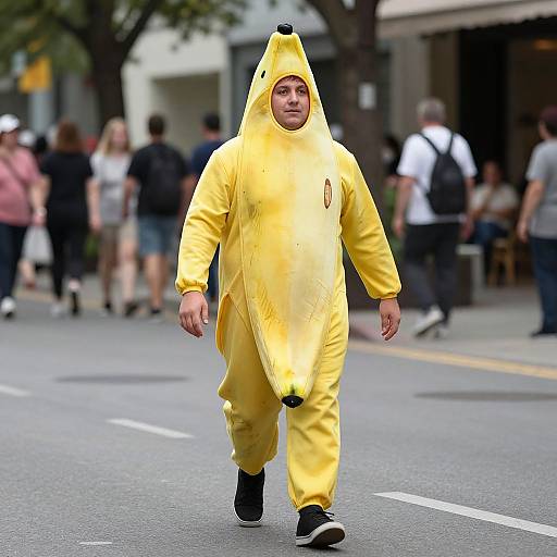 Photograph of a man walking down a street in a bright yellow, full-body, cartoon duck costume with a hood and feet, surrounded by blurred pedestrians