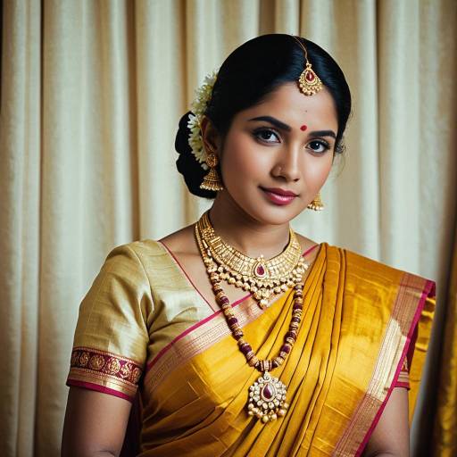 Indian Woman in Traditional Yellow Saree and Gold Jewelry