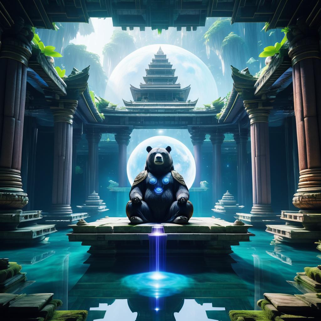 Humanoid Bear Meditating in Space Temple