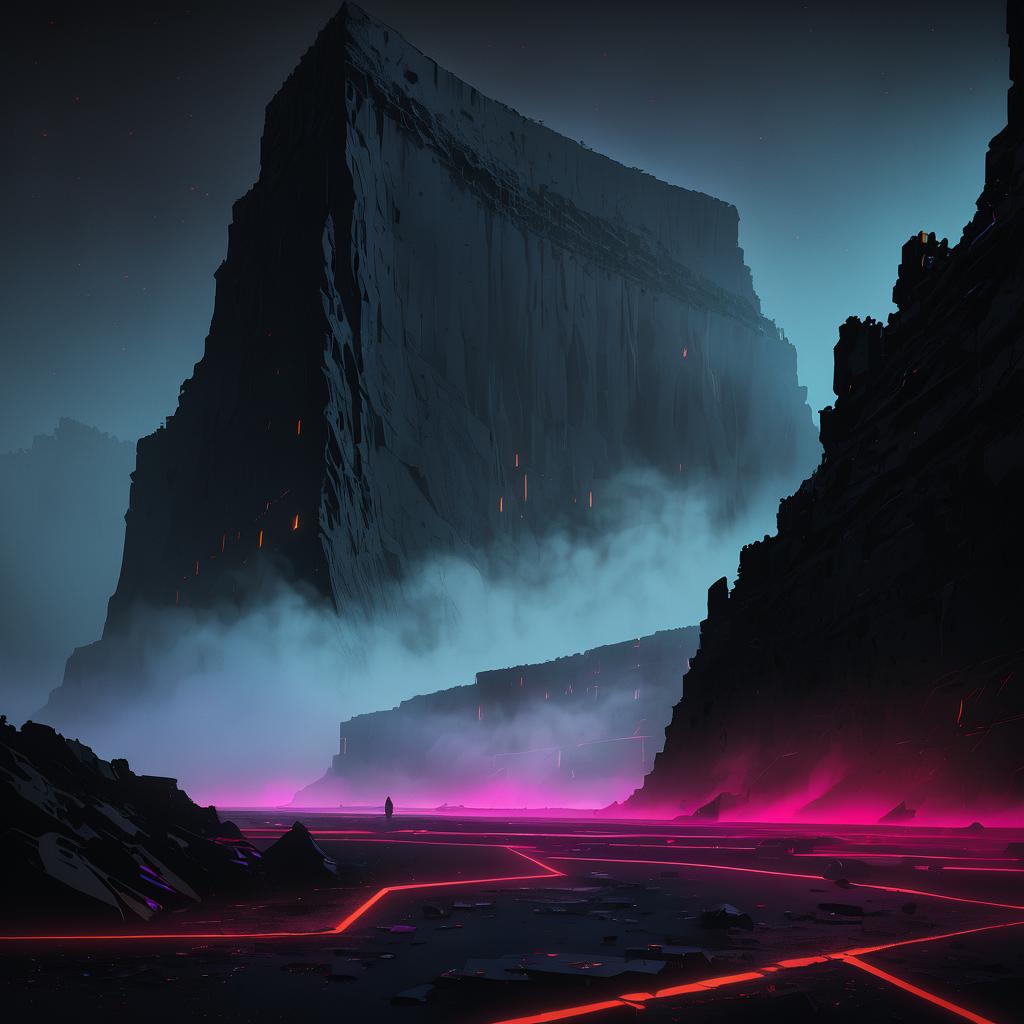 Midnight Basalt Cliffs in Neon Fog