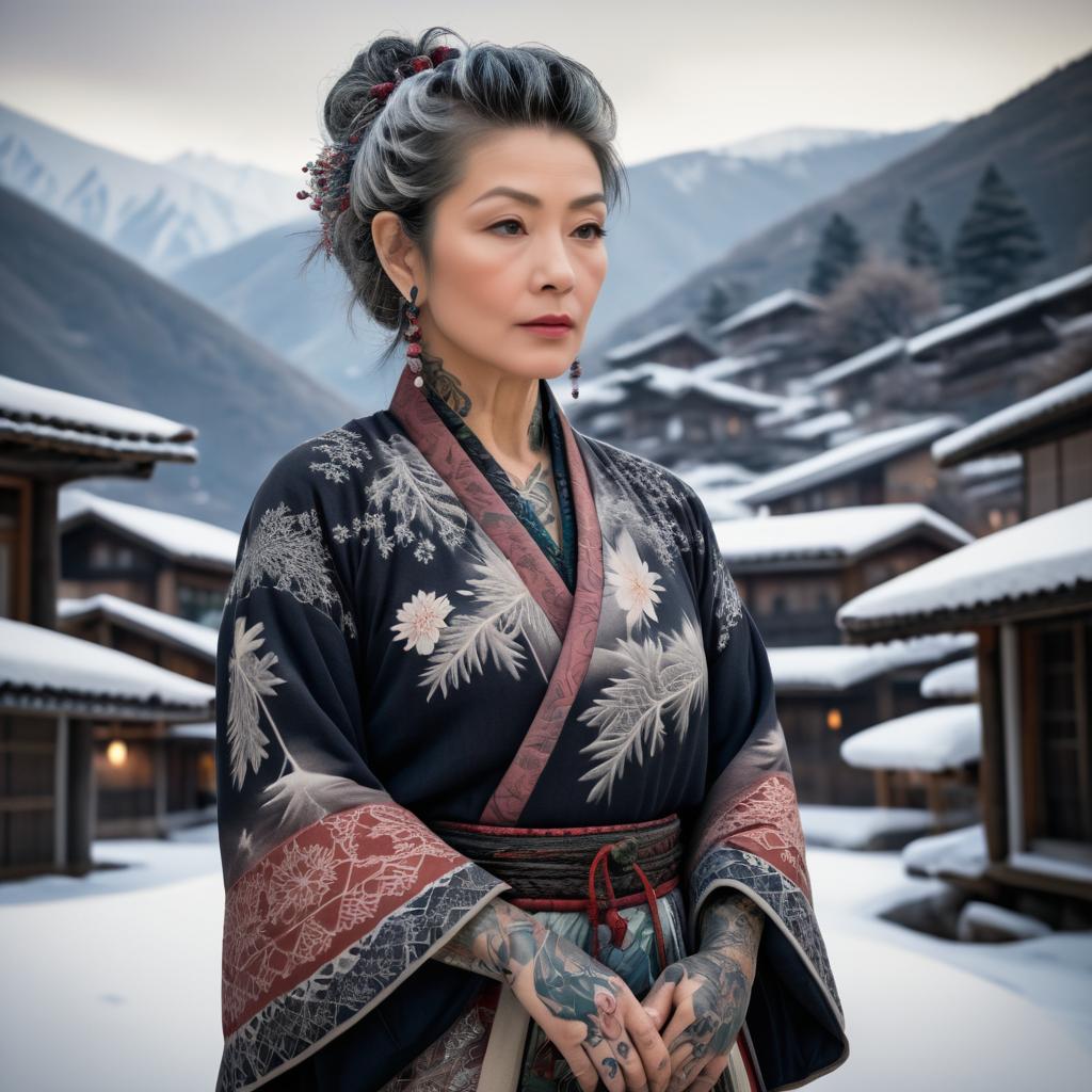 Serene Tattooed Woman in Mountain Village