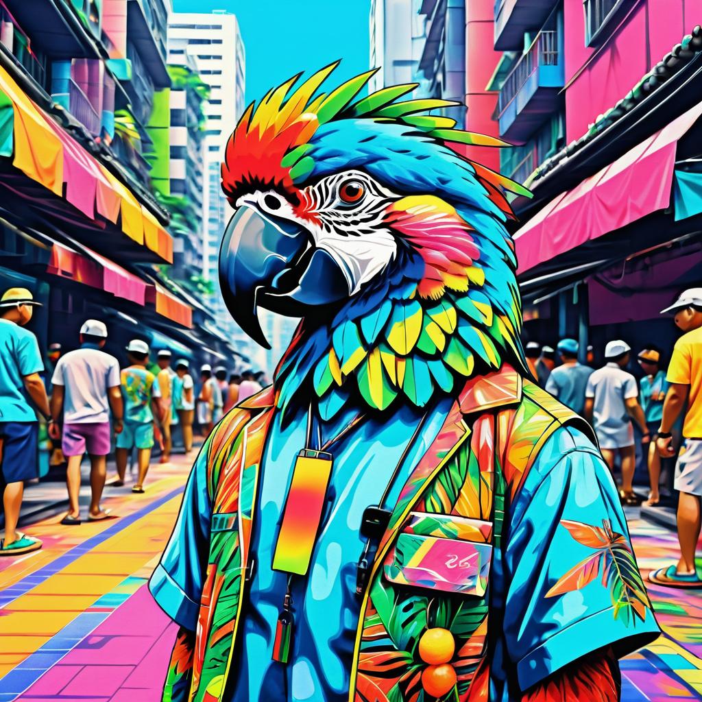 Vibrant Pop Art Parrot in Cyberpunk Japan