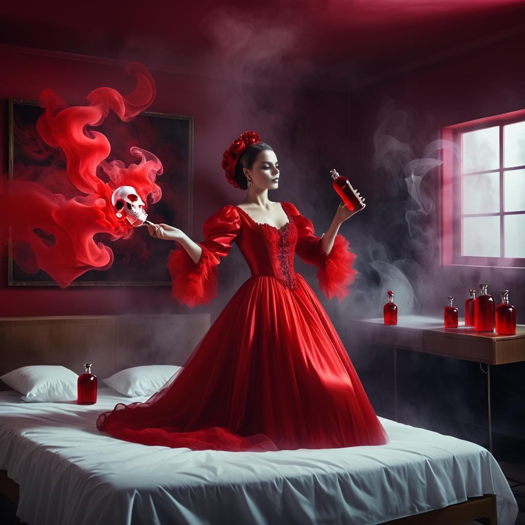 Eerie Glamour: Woman in Red Gown