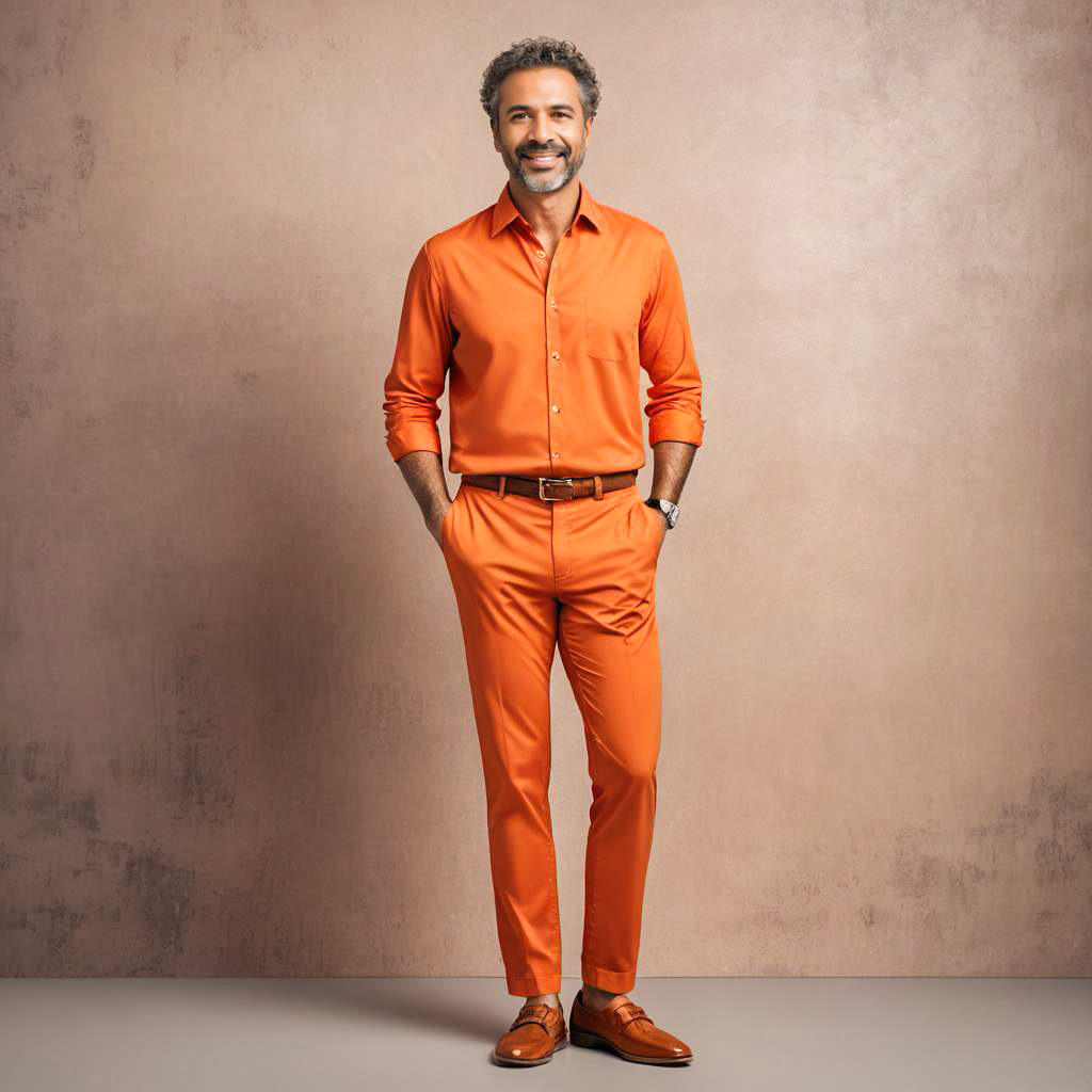 Cheerful Middle-Aged Man in Orange Outfit