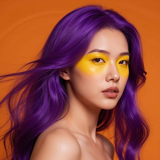 Photograph of an Asian woman with vibrant purple hair and striking yellow face paint against an orange background, looking directly at the camera.