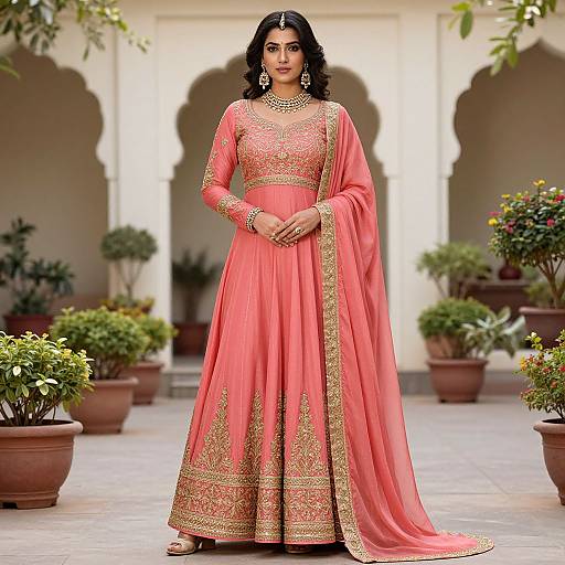 Photograph of a beautiful South Asian woman in a vibrant pink traditional saree with gold embroidery, standing in a courtyard with white arches and potted