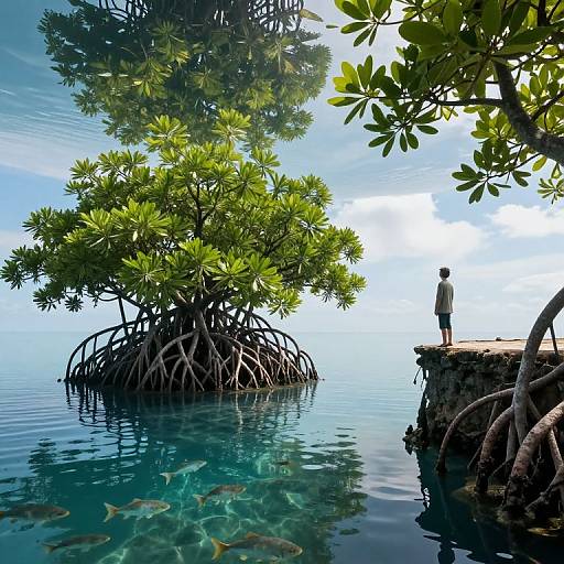 Photograph of a lone figure standing on a rocky pier, gazing at a large mangrove tree rooted in clear, turquoise water, with fish swimming