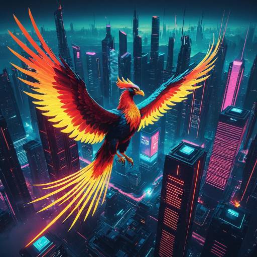 Cybernetic Phoenix Over Neon Futuristic City