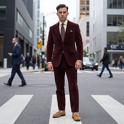 Photograph of a handsome man in a dark brown suit, white shirt, patterned tie, and tan shoes, standing on a city crosswalk,