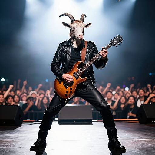 Photograph of a performer in a black leather jacket and pants, wearing a goat mask with horns, playing a brown electric guitar on a bright stage,