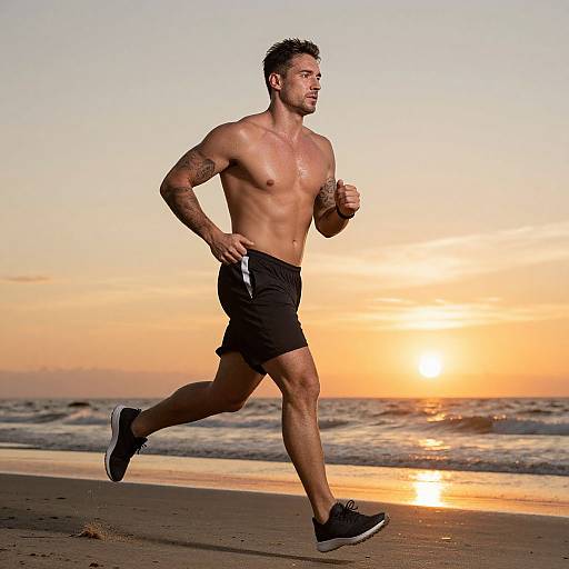 Photograph of a muscular, tattooed, shirtless man jogging on a beach at sunset, wearing black shorts and black sneakers, with waves and orange