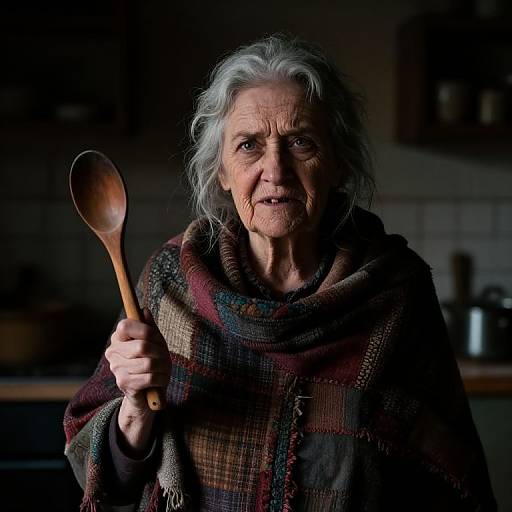 Photograph of an elderly woman with white hair, wrinkled face, wearing a colorful plaid shawl, holding a wooden spoon, in a dim