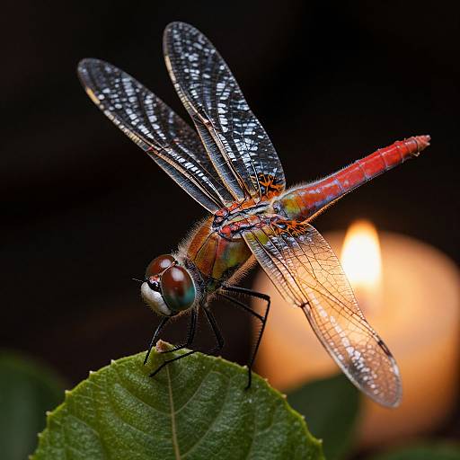 Close-up photograph of a vibrant red and black dragonfly with translucent, patterned wings, perched on a green leaf, illuminated by a soft,