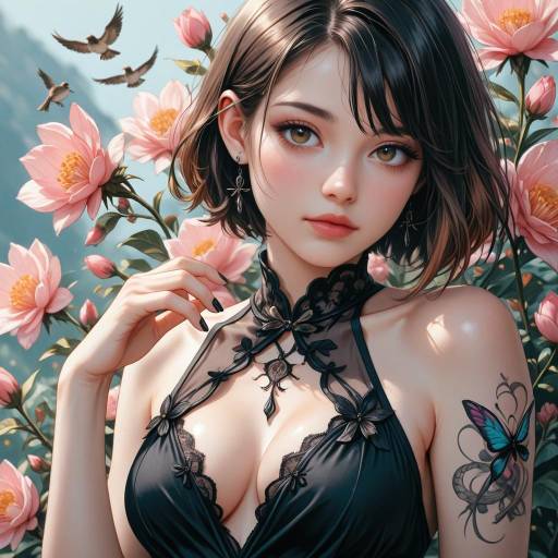 Young Woman with Butterfly Tattoo and Flowers