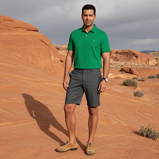 Photograph of a muscular, tan-skinned man with short dark hair, wearing a green polo, black shorts, tan shoes, and a watch,