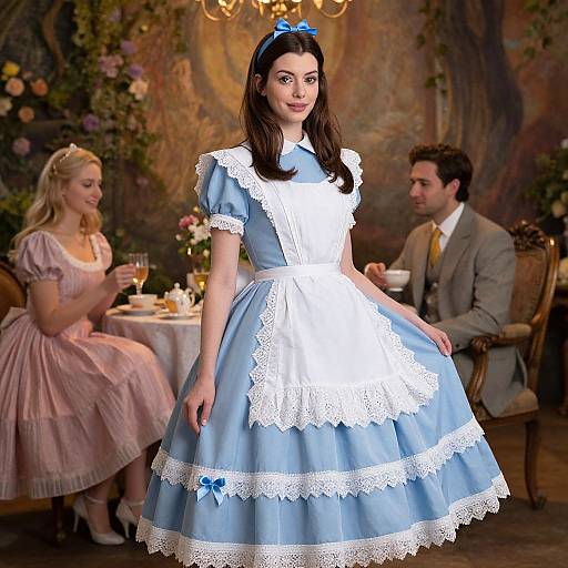 Photograph of a brunette woman in a blue Alice in Wonderland-style dress, standing in a vintage room with a blonde woman and a man in pink and